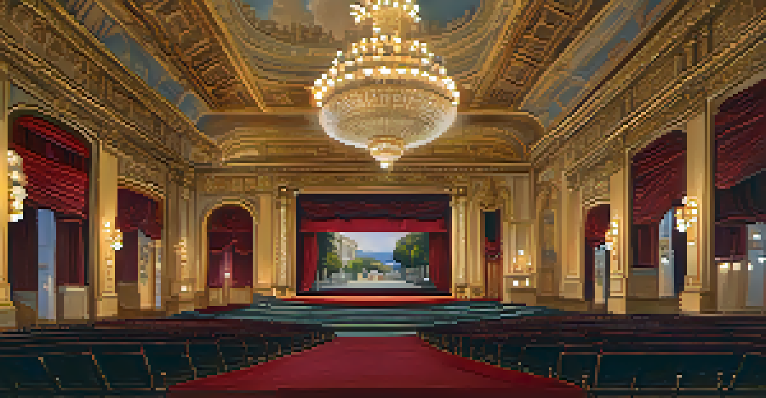 The luxurious interior of the Spreckels Theatre lobby, showcasing golden decorations and elegant chandeliers.