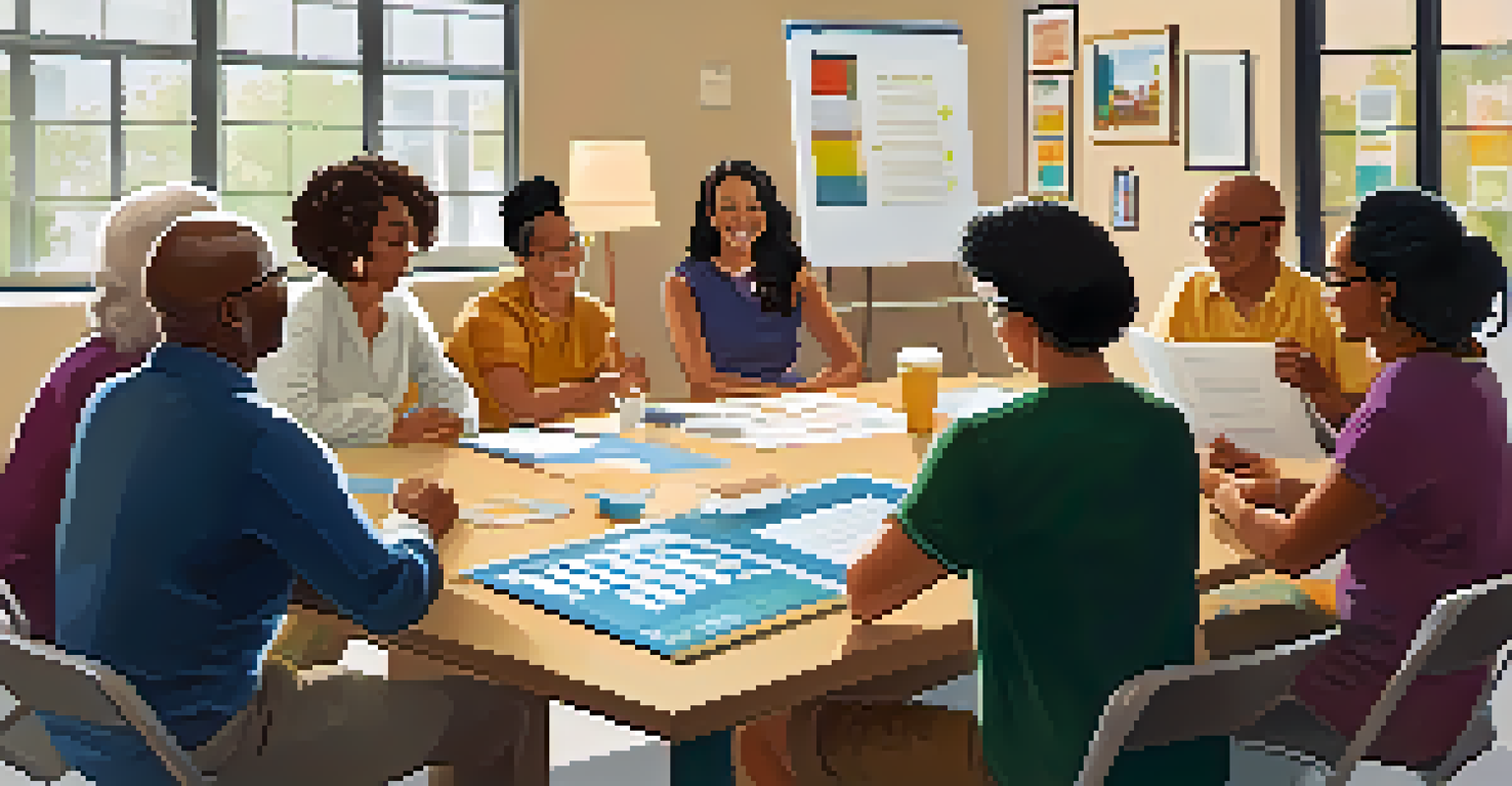 A dynamic financial literacy seminar with diverse adult participants discussing and taking notes in a bright community center.