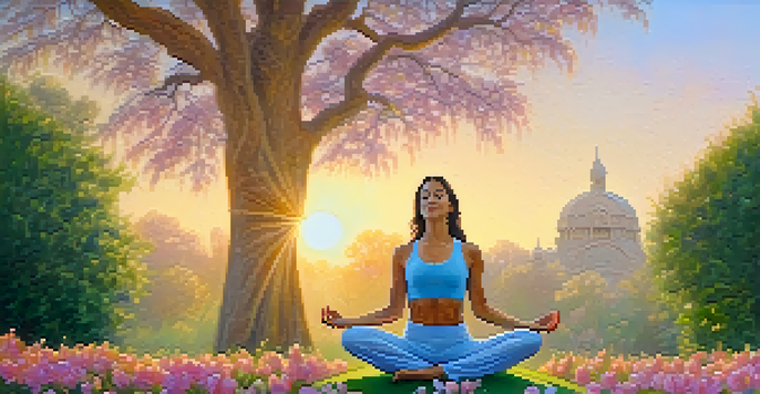 A person practicing Tree Pose in Balboa Park, surrounded by vibrant flowers and greenery with a soft sunrise in the background.
