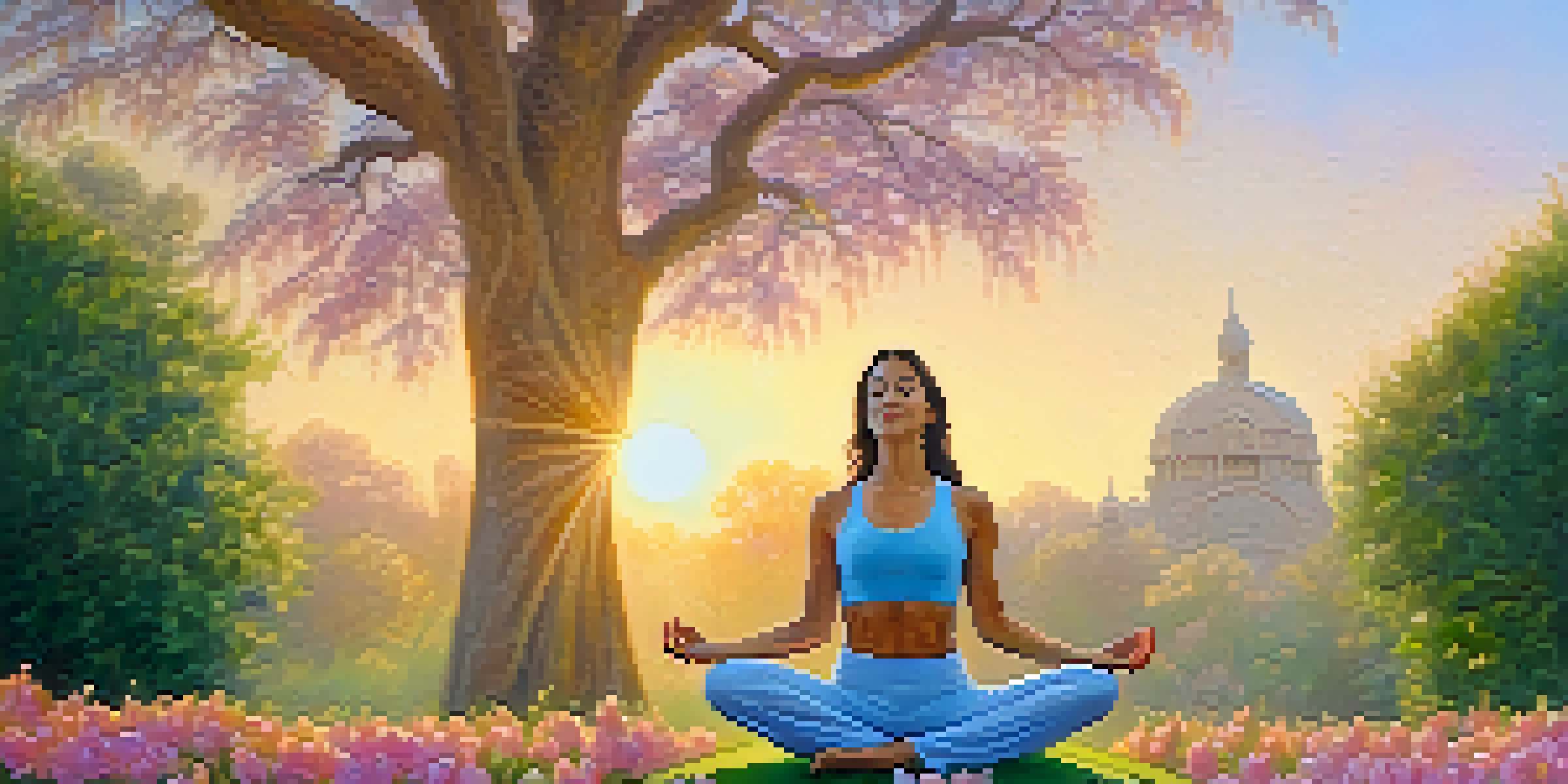 A person practicing Tree Pose in Balboa Park, surrounded by vibrant flowers and greenery with a soft sunrise in the background.