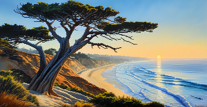 A scenic coastal view from a hiking trail with ocean waves and rare trees, illuminated by a sunset.