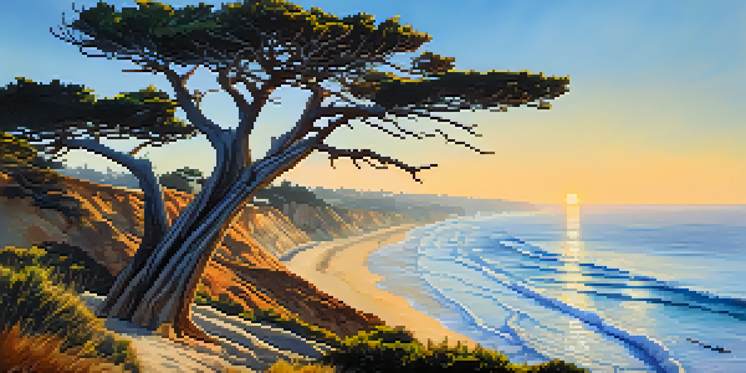 A scenic coastal view from a hiking trail with ocean waves and rare trees, illuminated by a sunset.