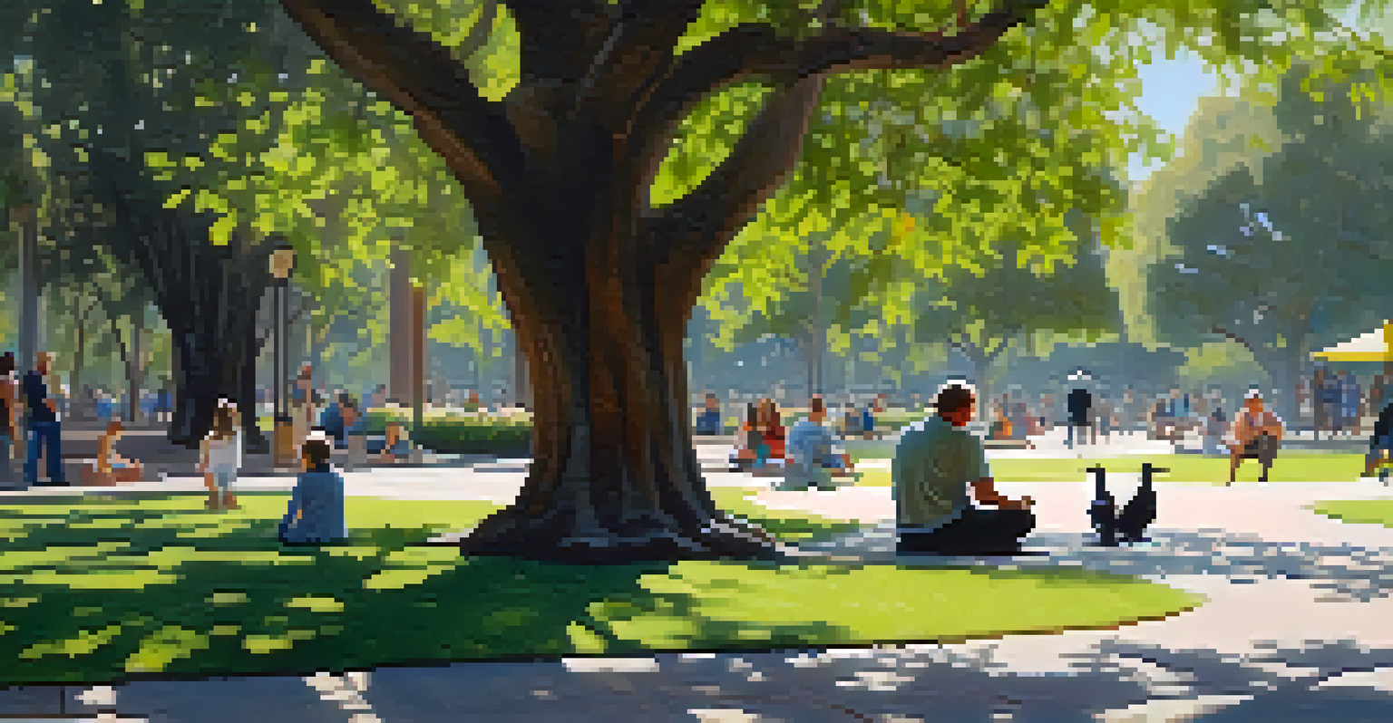 A person meditating under a tree in Balboa Park, surrounded by lush greenery and colorful flowers, with soft sunlight filtering through the leaves.