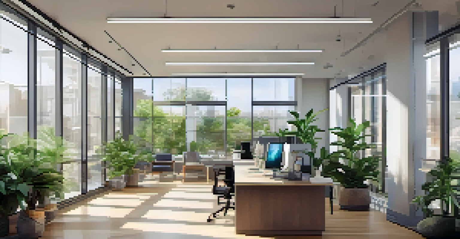 An office space with LED lights, green plants, and large windows for natural light.