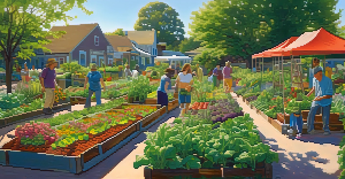 A lively urban community garden with diverse people cultivating colorful vegetables and herbs, under a bright blue sky with sunlight filtering through leaves.