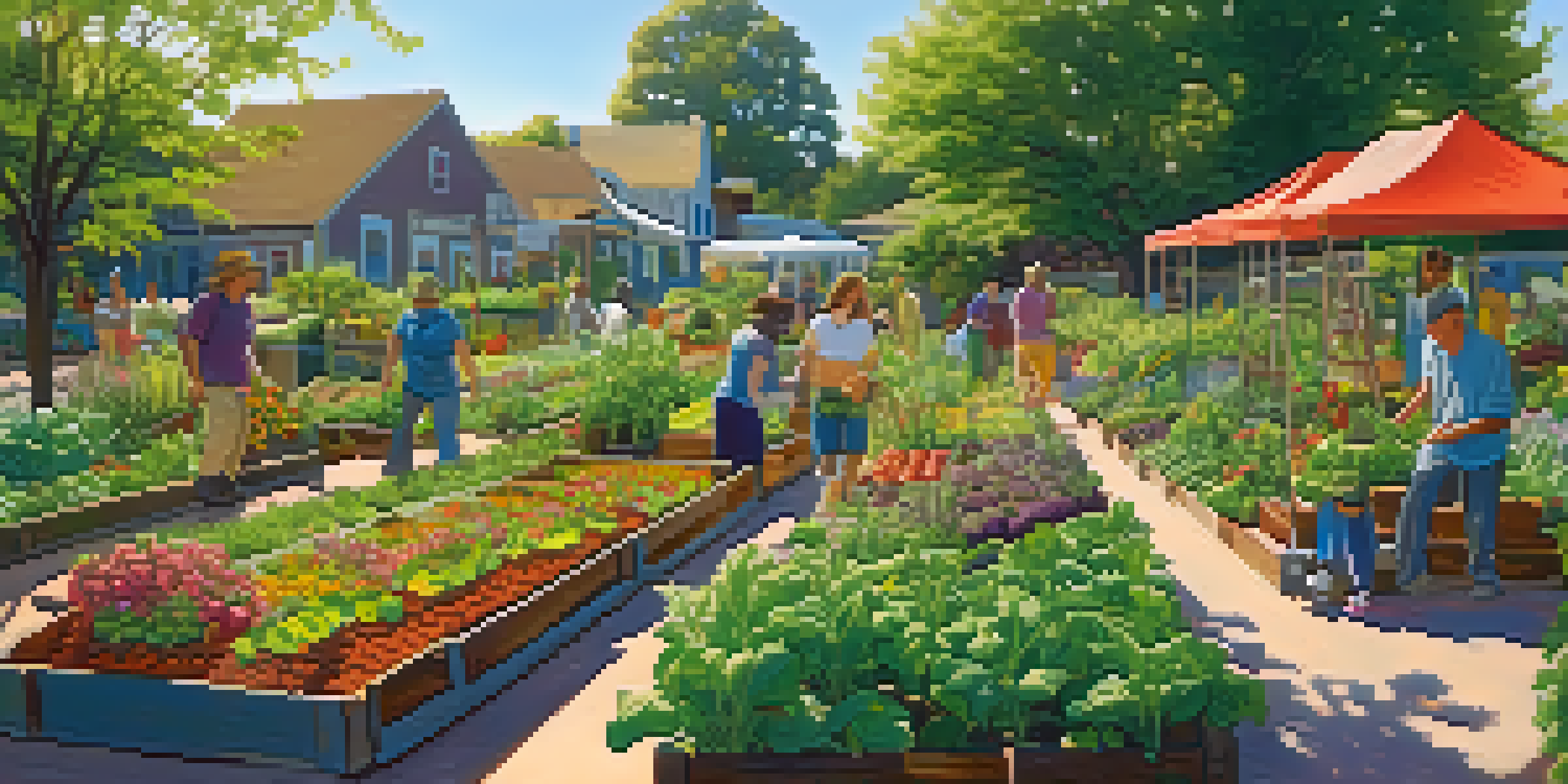 A lively urban community garden with diverse people cultivating colorful vegetables and herbs, under a bright blue sky with sunlight filtering through leaves.