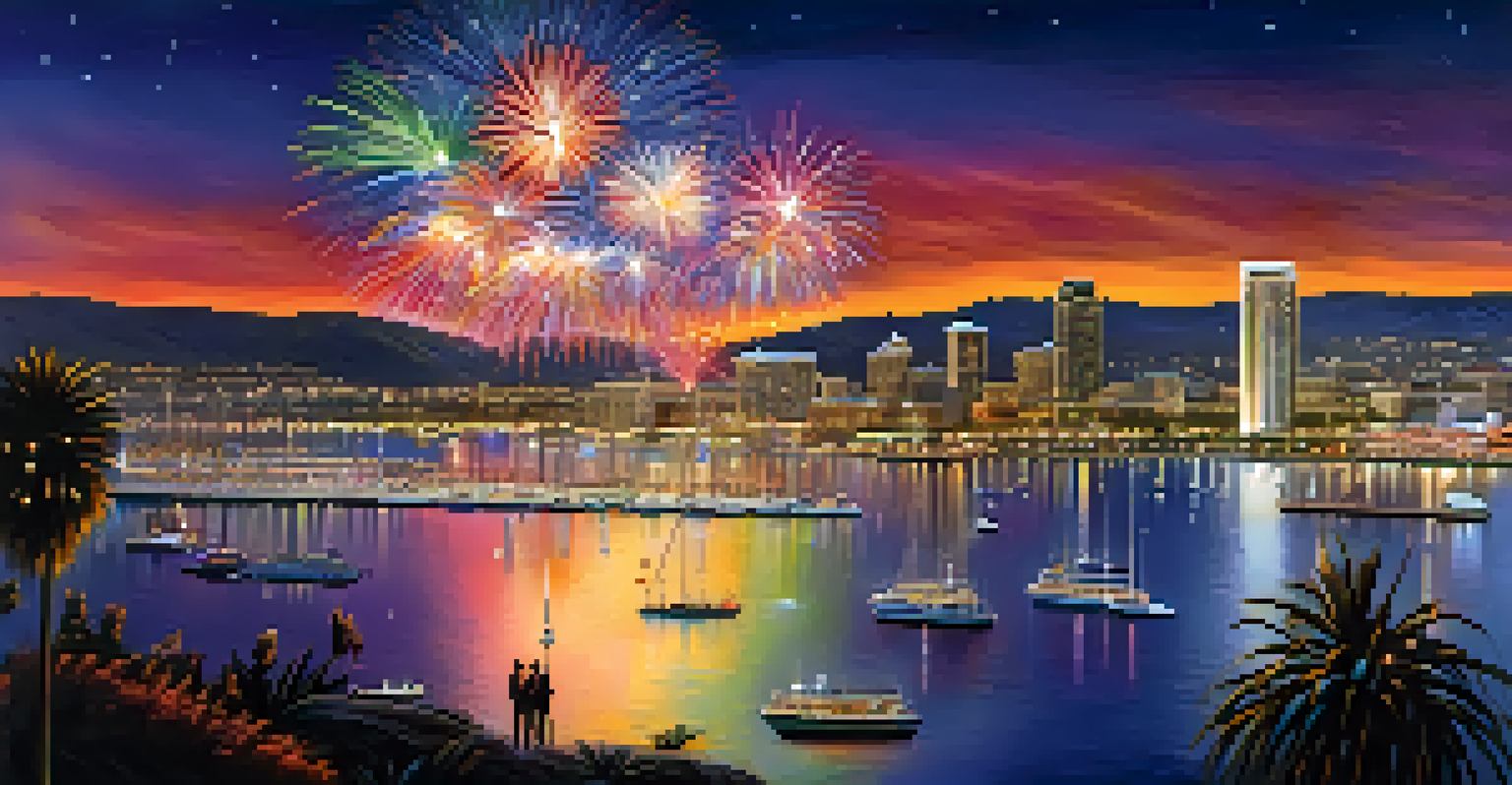Fireworks lighting up the night sky over San Diego Bay, with spectators enjoying the view.