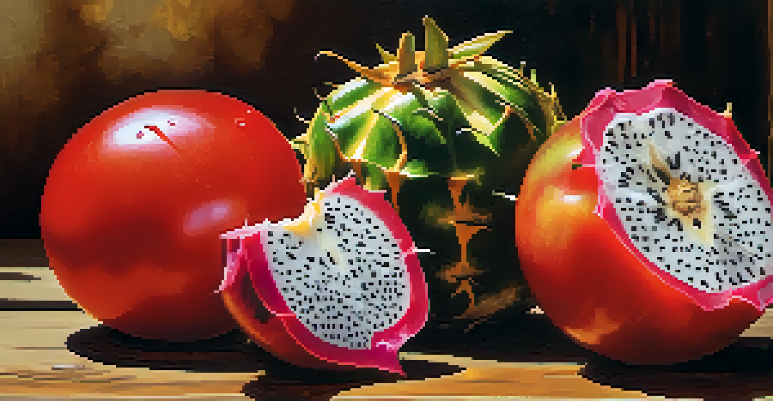 A close-up of organic tomatoes and exotic fruits like dragon fruit, showcasing their vibrant colors and textures.