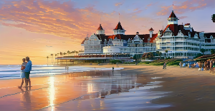 A picturesque sunset view of the historic Hotel del Coronado with beachgoers and palm trees.
