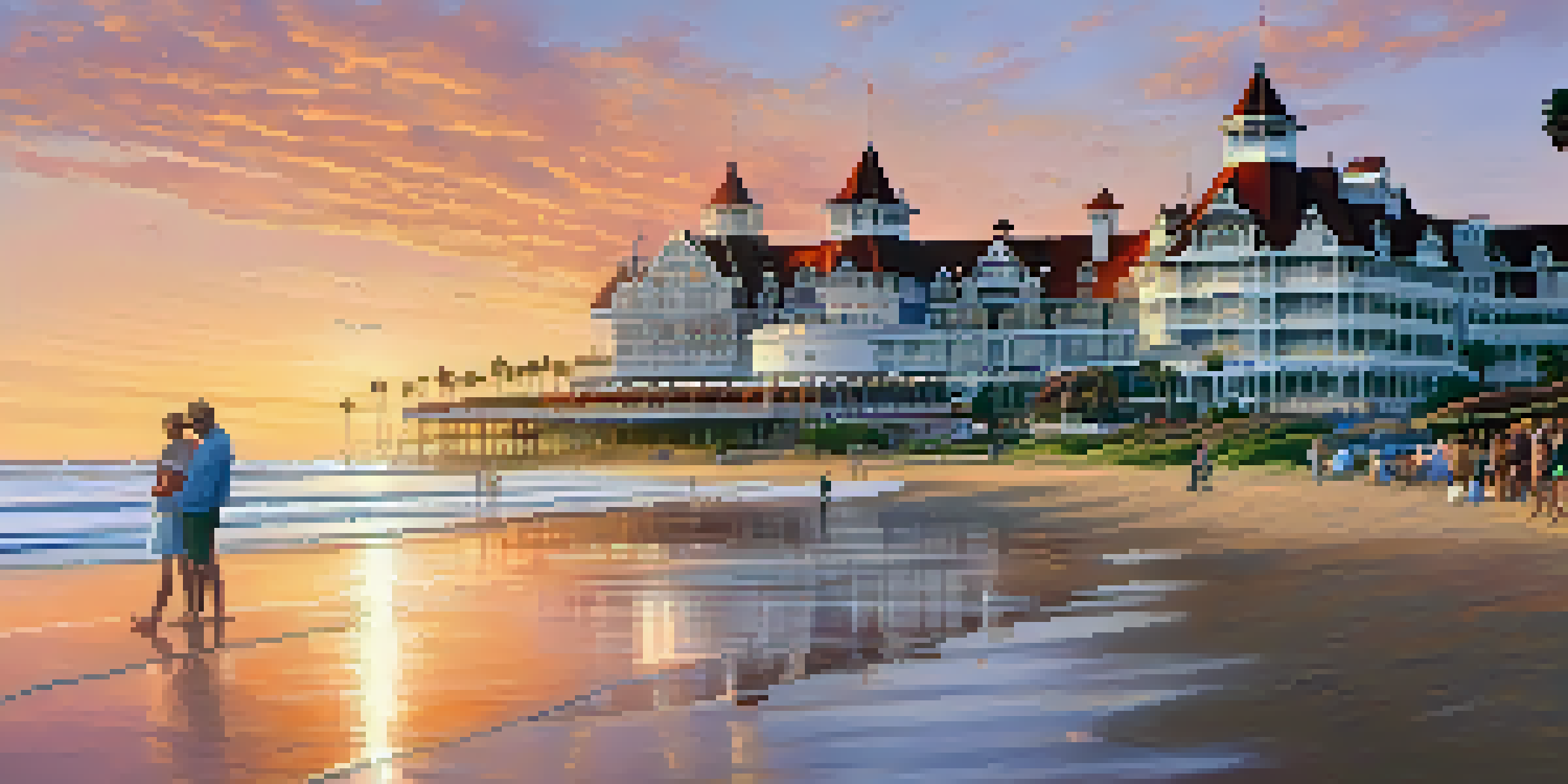 A picturesque sunset view of the historic Hotel del Coronado with beachgoers and palm trees.