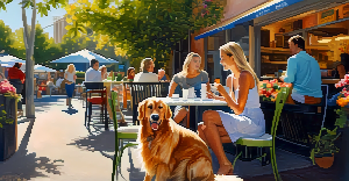 A woman enjoying coffee at a pet-friendly café, with her golden retriever sitting by her side in a sunny outdoor setting.