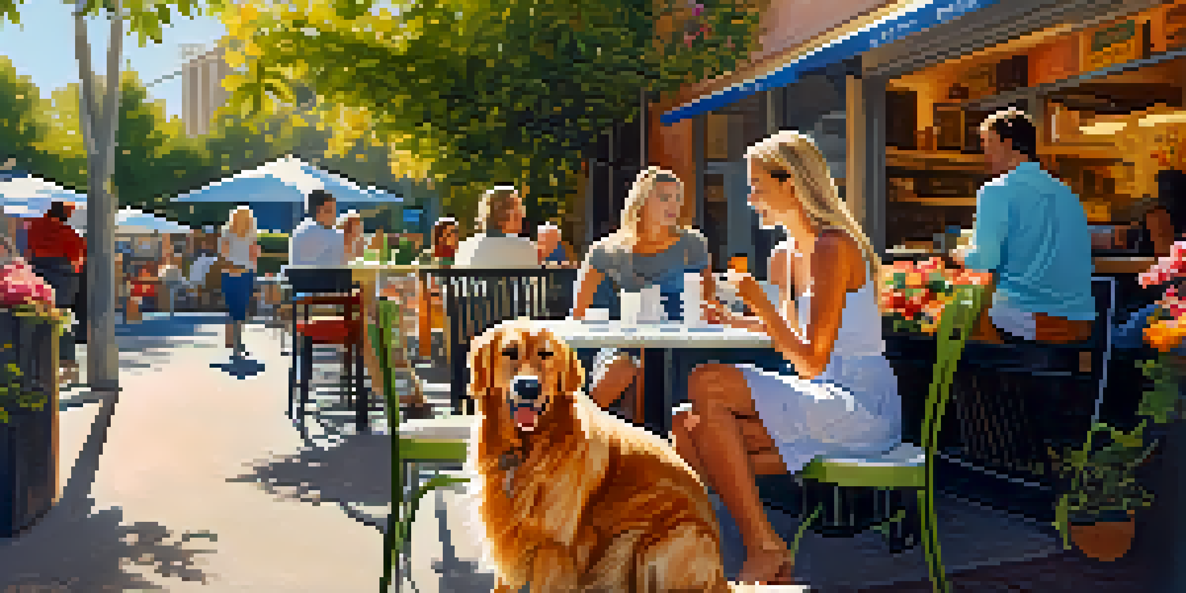 A woman enjoying coffee at a pet-friendly café, with her golden retriever sitting by her side in a sunny outdoor setting.