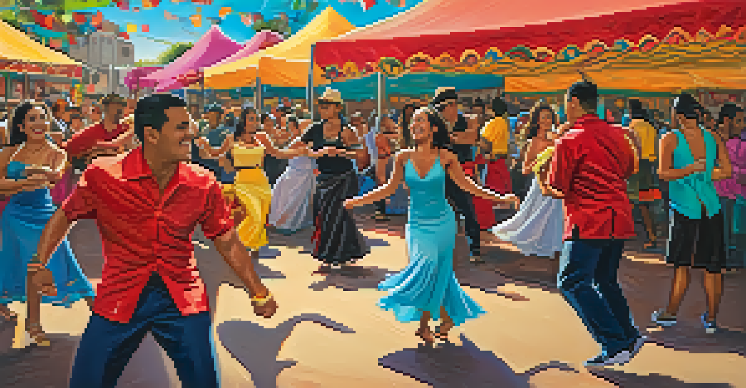 Dancers in traditional attire performing at a vibrant Latin music festival, surrounded by festive decorations and food stalls.