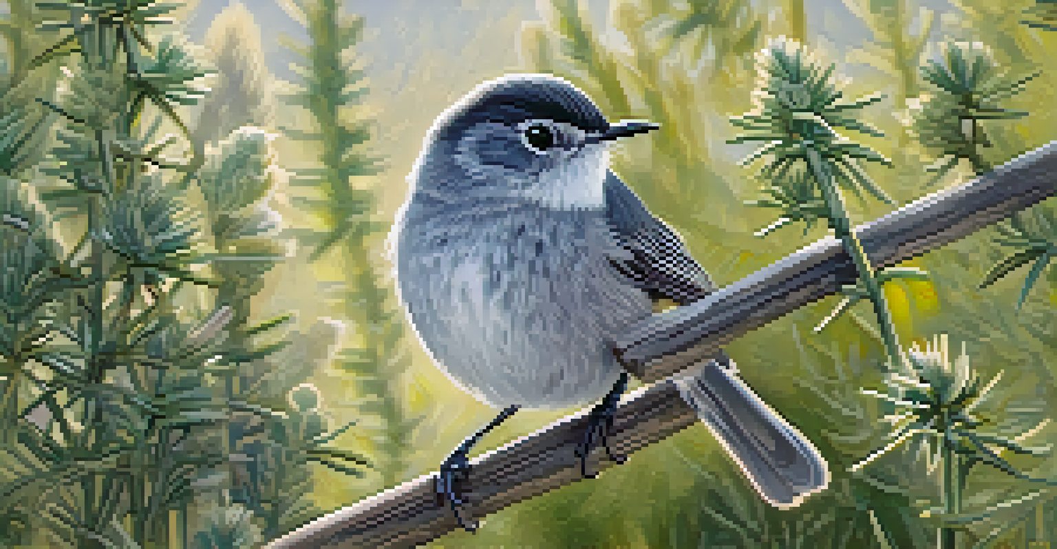 A close-up of a California gnatcatcher on a branch, with its gray feathers contrasting against green leaves in soft sunlight.