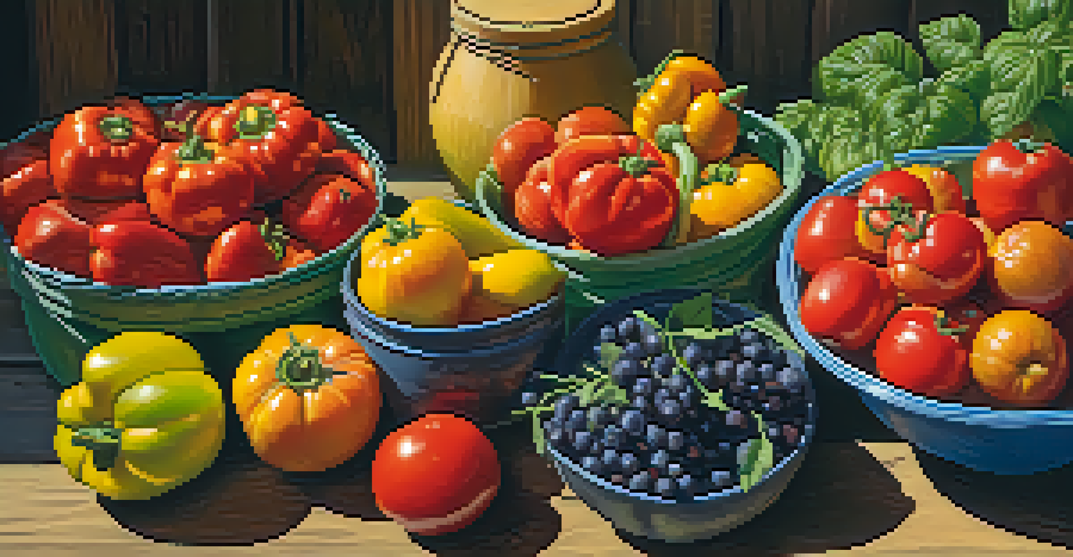 A close-up view of fresh produce on a rustic wooden table at a farmers market, showcasing colorful vegetables and fruits.