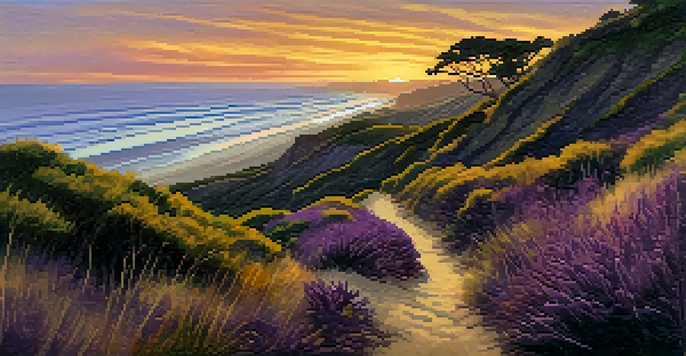 A beautiful sunset at Torrey Pines State Natural Reserve with hikers on a trail and ocean views.