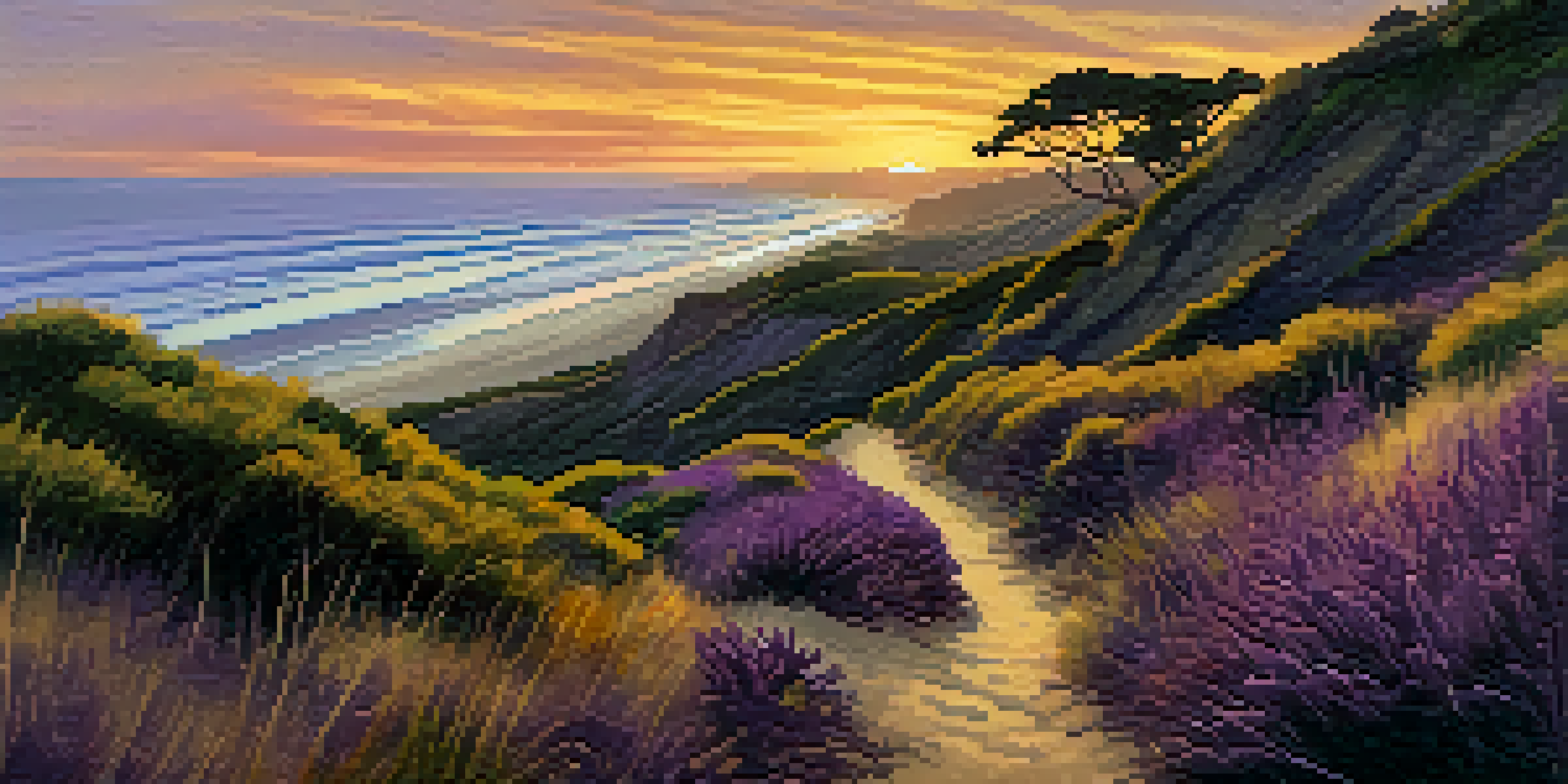 A beautiful sunset at Torrey Pines State Natural Reserve with hikers on a trail and ocean views.