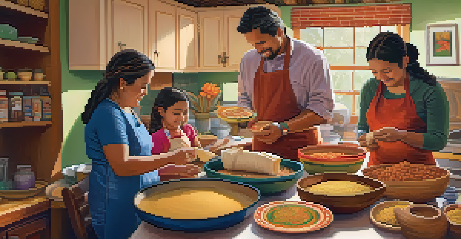 A warm and inviting kitchen scene where a family is preparing tamales together, with colorful decorations and ingredients spread across the table.