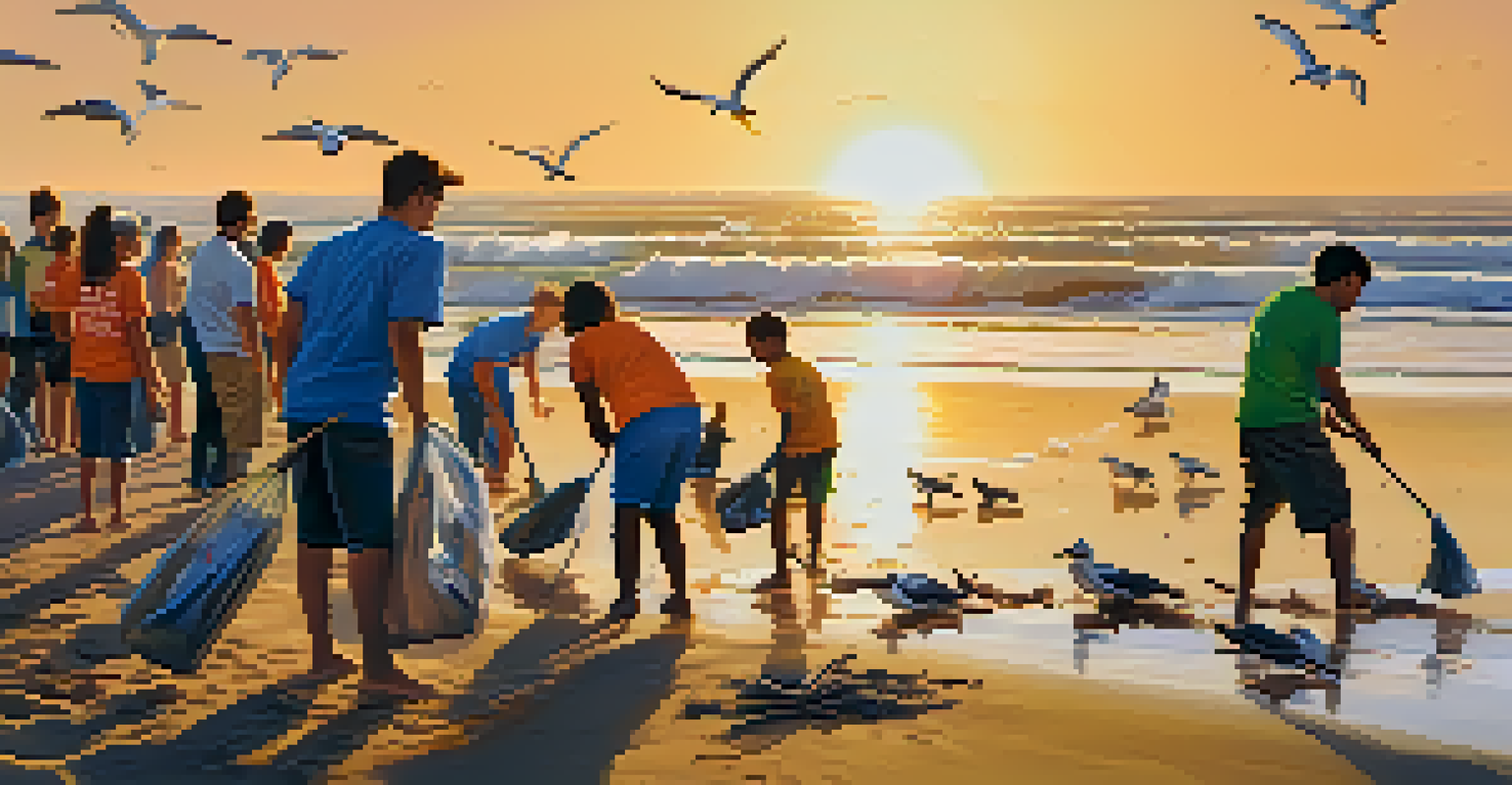 Volunteers cleaning the beach during a sunset, with the ocean and seabirds in the background.