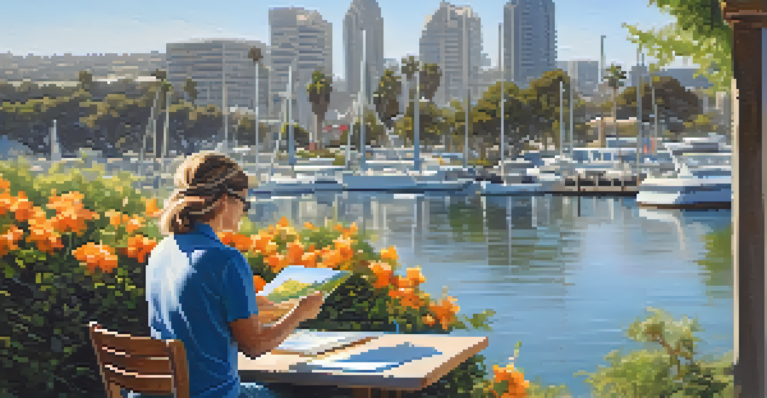 A local artist painting outdoors at Waterfront Park in San Diego, with greenery and a coastal view.