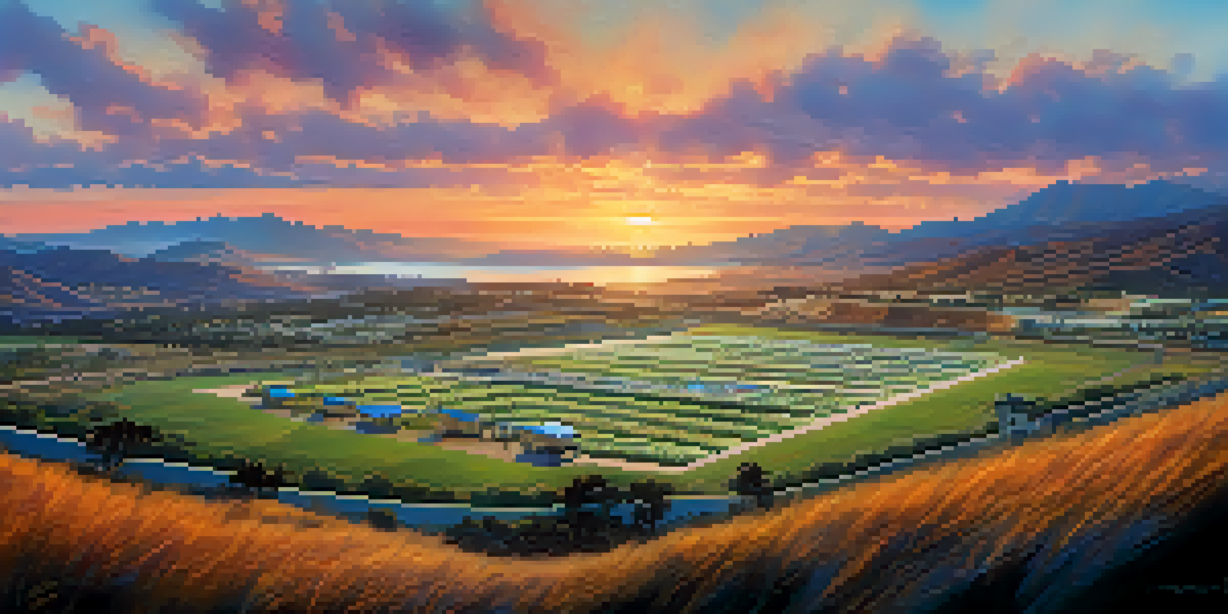 A scenic view of Camp Pendleton at sunset with Marines in training and the Pacific Ocean in the background.