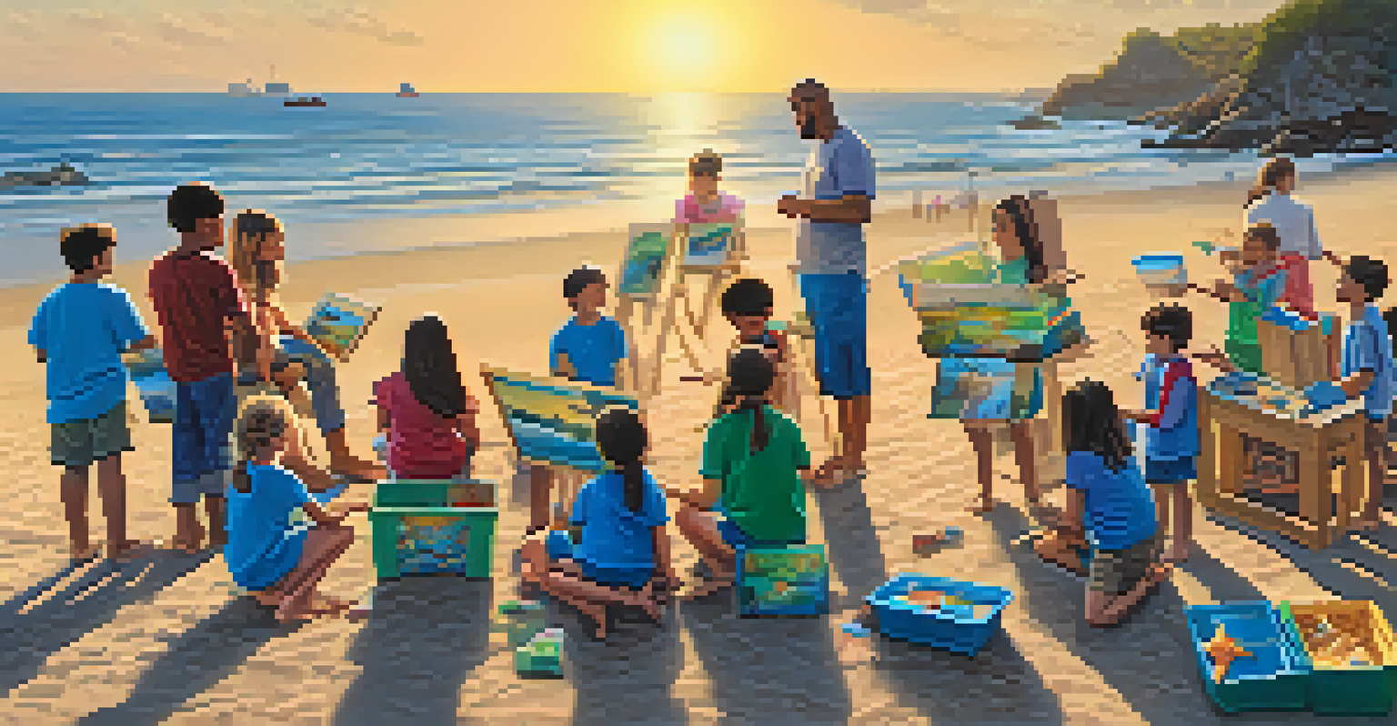 An educational workshop on a clean beach with children and adults learning about marine debris and recycling, with a sunset in the background.