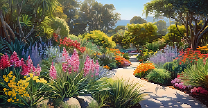 A colorful botanical garden with various native Californian plants, a winding path, and butterflies in soft sunlight.