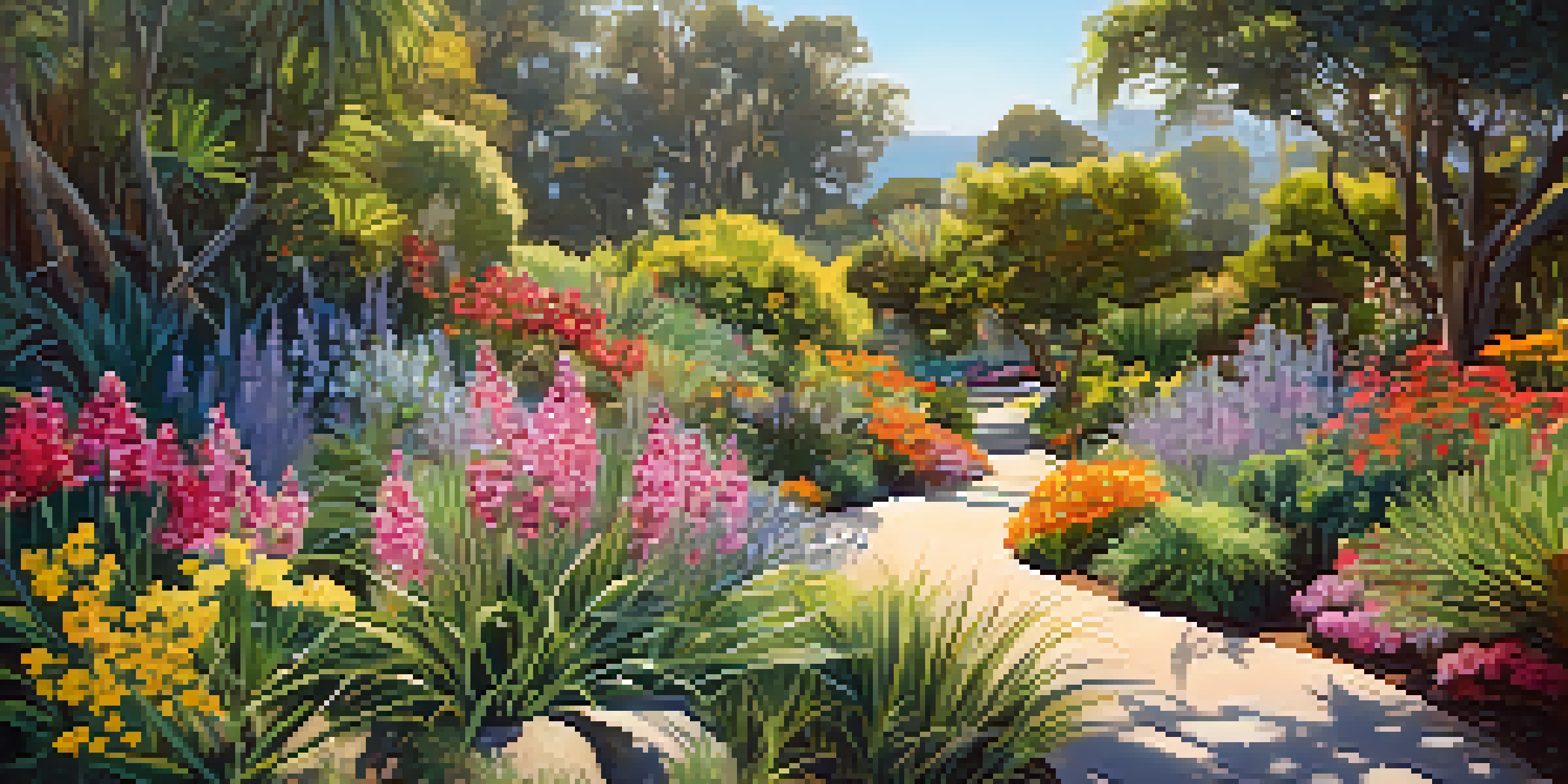 A colorful botanical garden with various native Californian plants, a winding path, and butterflies in soft sunlight.