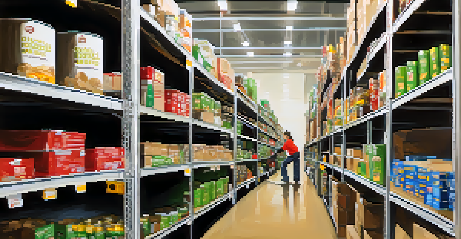 A volunteer at the San Diego Food Bank stacking food boxes in a well-lit, organized space filled with shelves of canned goods.