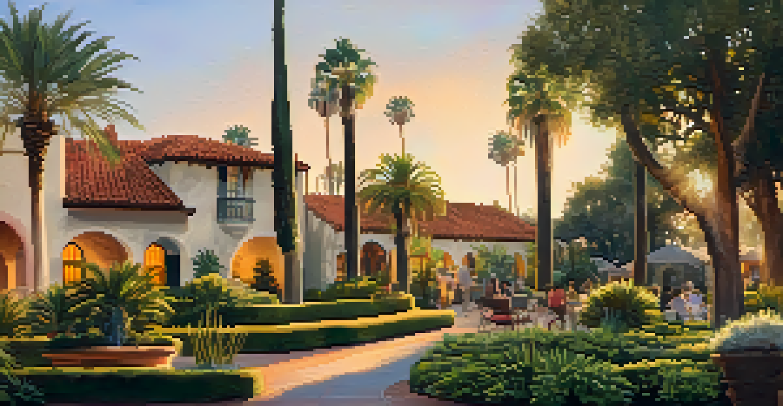 A scenic view of Old Town San Diego State Historic Park with charming architecture and gardens during golden hour.