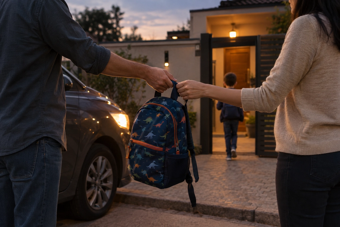 Mochila da criança passada entre pais separados