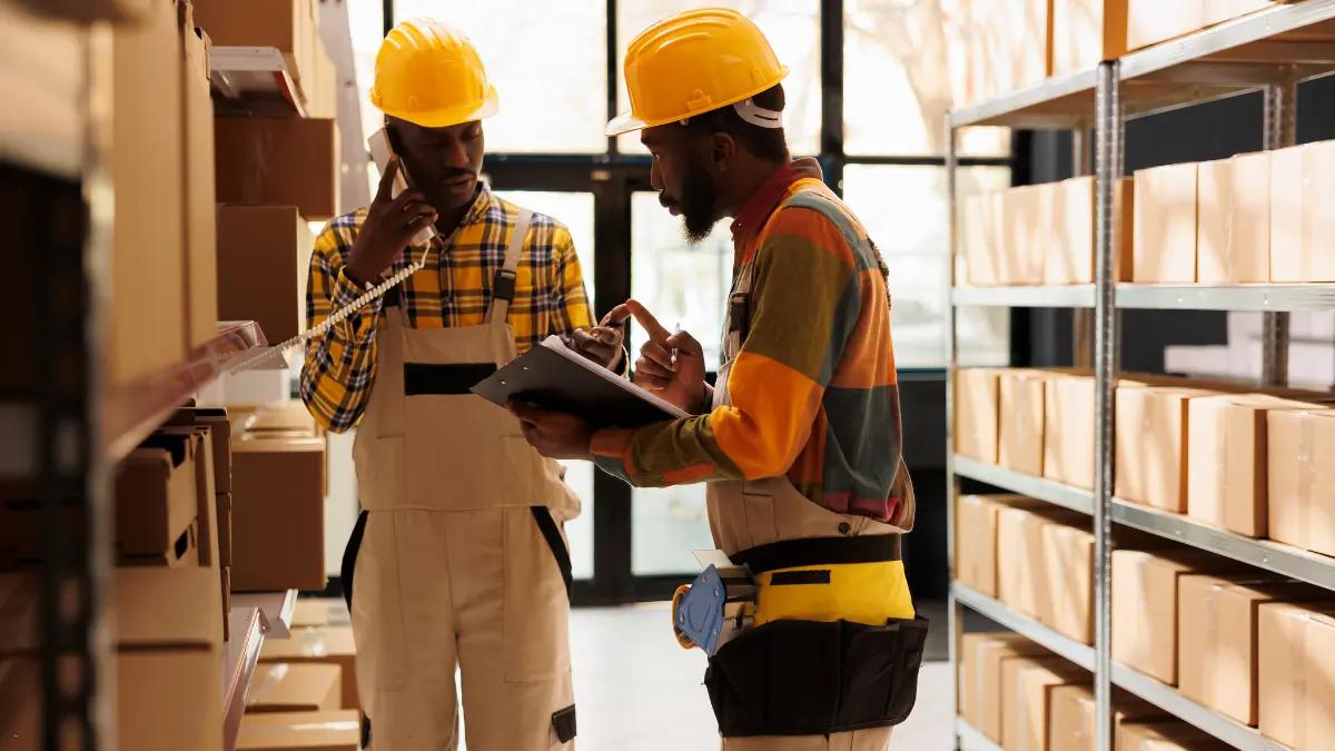 Two warehouse workers in hard hats checking a parts list on a clipboard