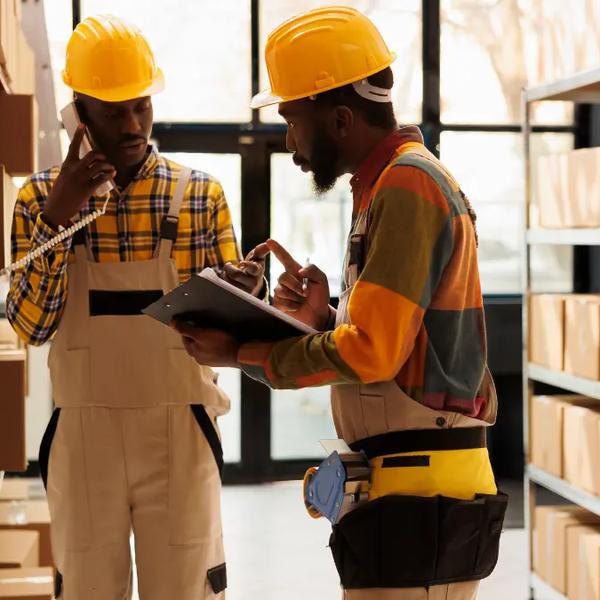 Two warehouse workers in hard hats checking a parts list on a clipboard