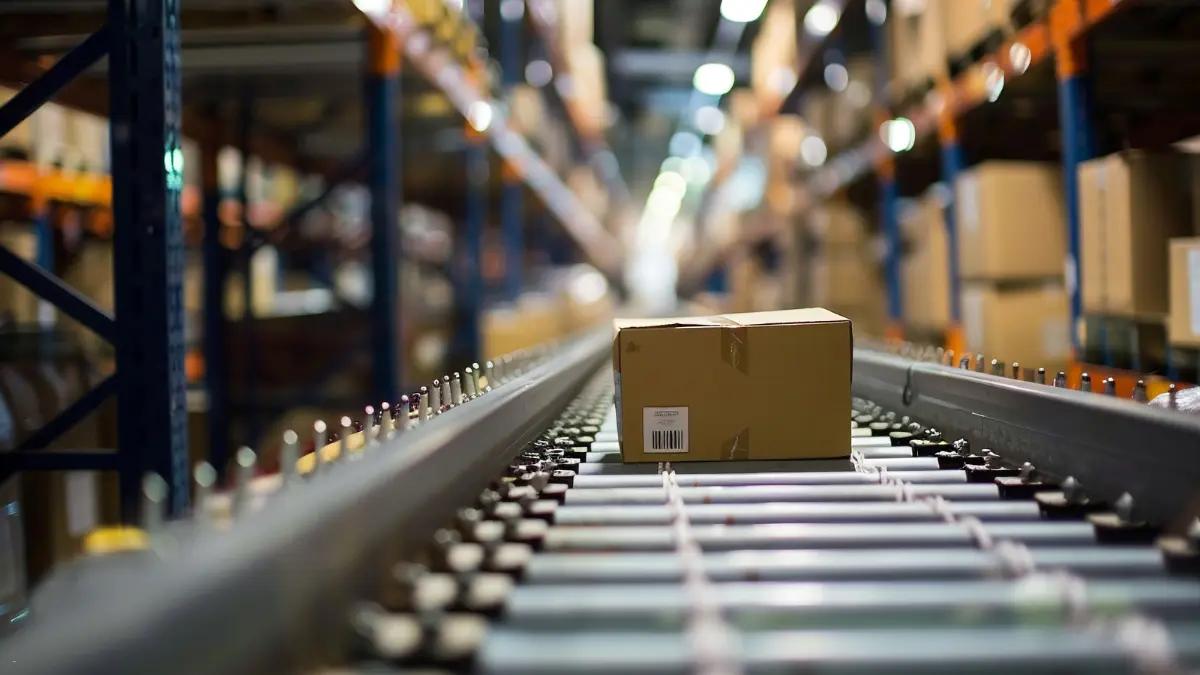 A single cardboard parcel moving along a warehouse conveyor