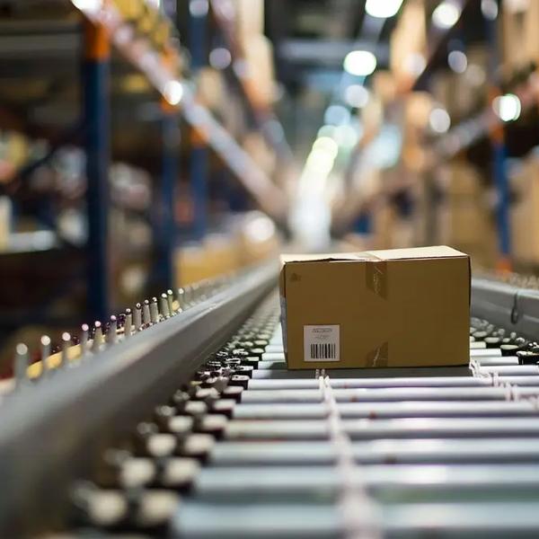 A single cardboard parcel moving along a warehouse conveyor