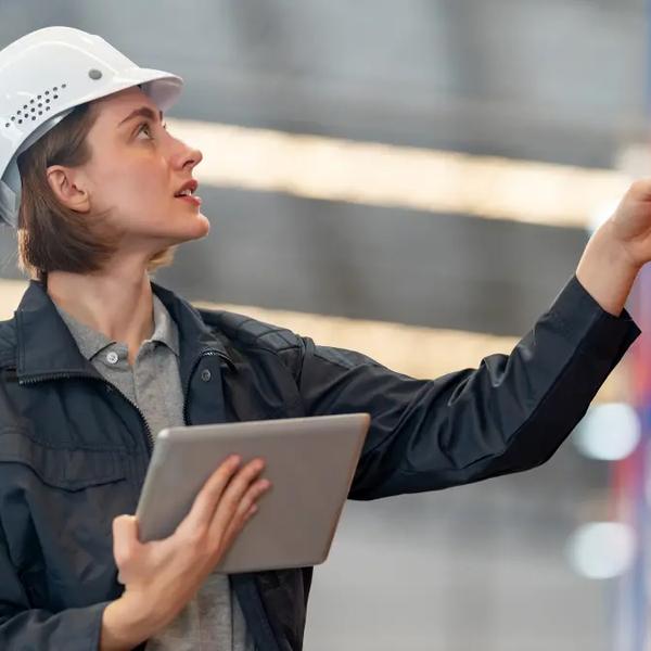 Warehouse worker in a hard hat holding a tablet and pointing at pallet racking