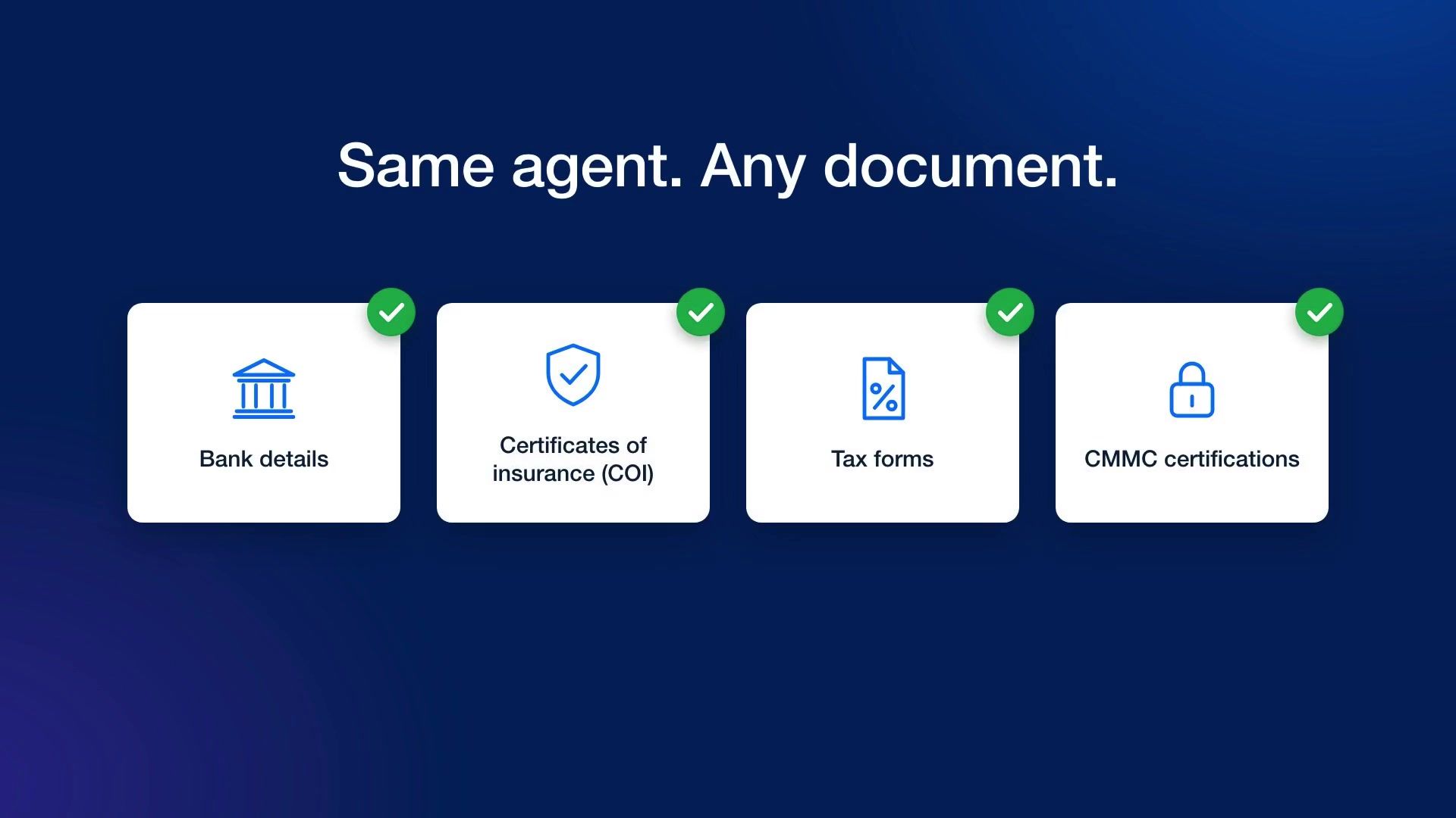 Certa Validation Agent supports bank details, certificates of insurance, tax forms, and CMMC certifications