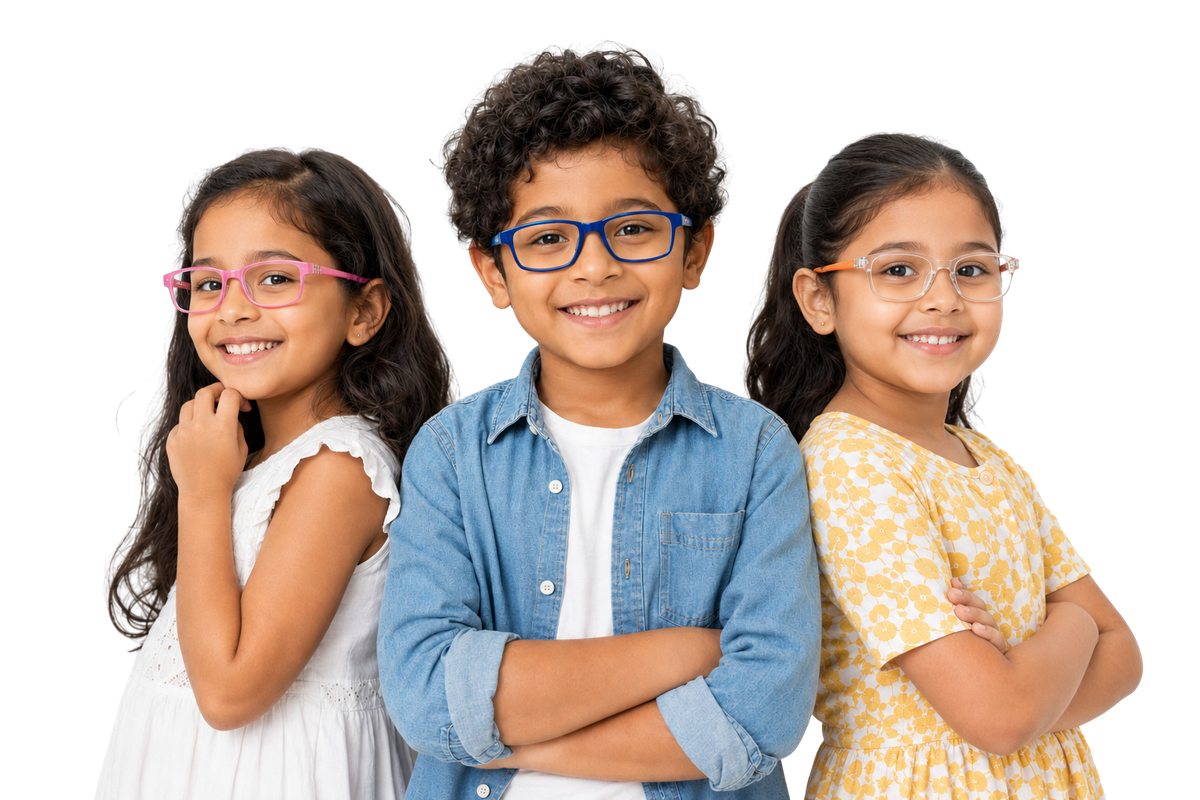 Three kids smiling in Foal & Pony glasses