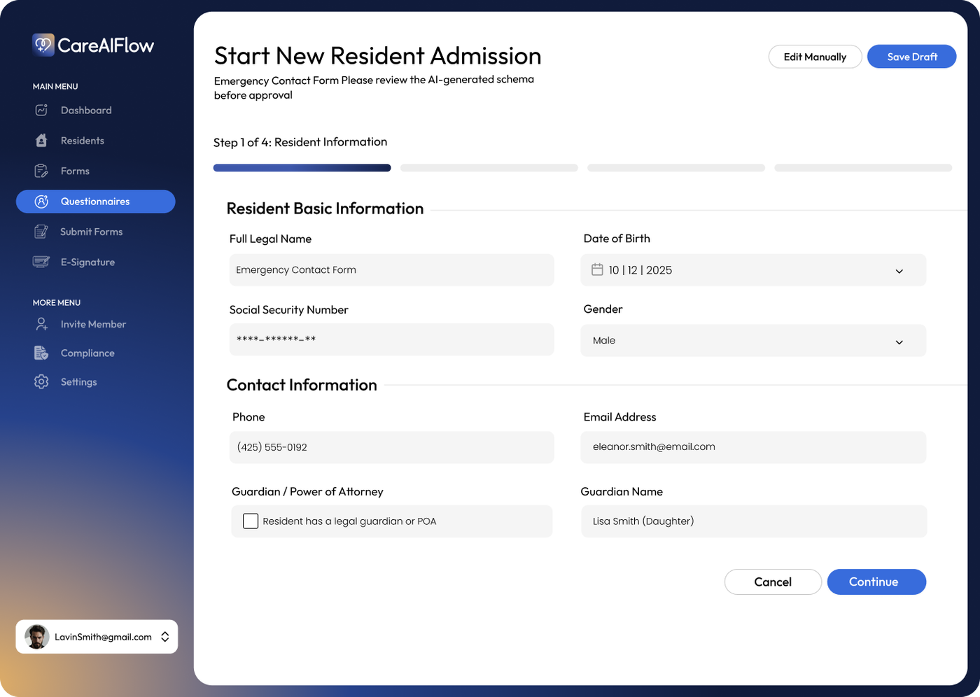 AI clinical data extraction workflow from assessment PDF to resident profile