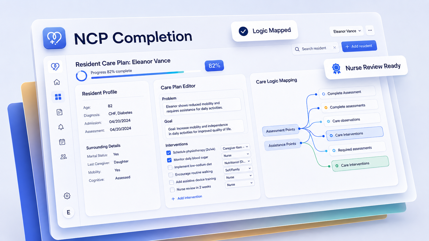 NCP Completion care plan editor with logic mapped and nurse review ready