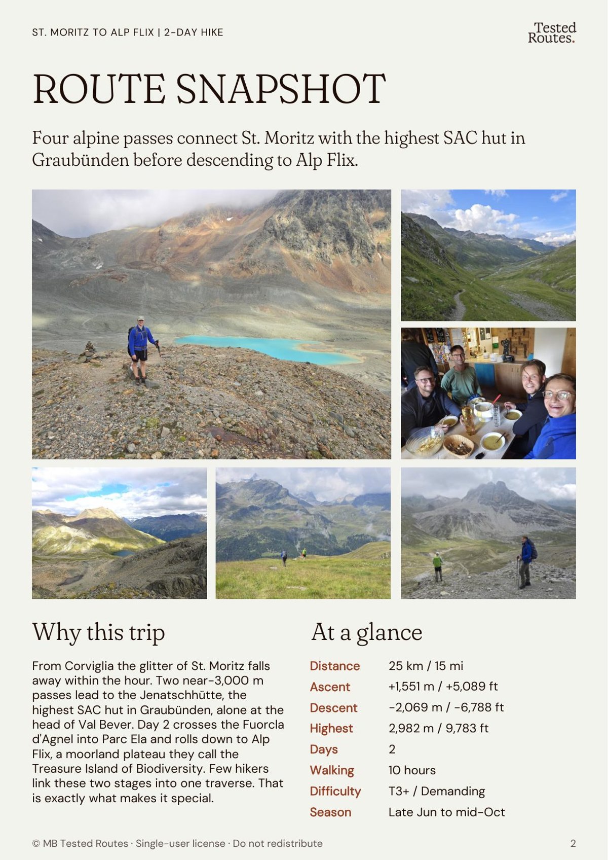Route snapshot page: distance, ascent, difficulty and season at a glance