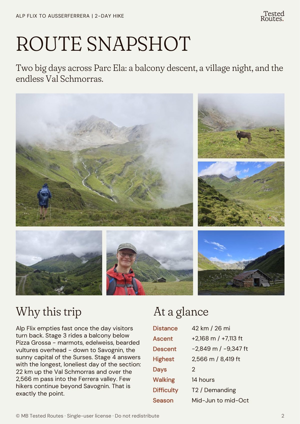 Route snapshot page: distance, ascent, difficulty and season at a glance