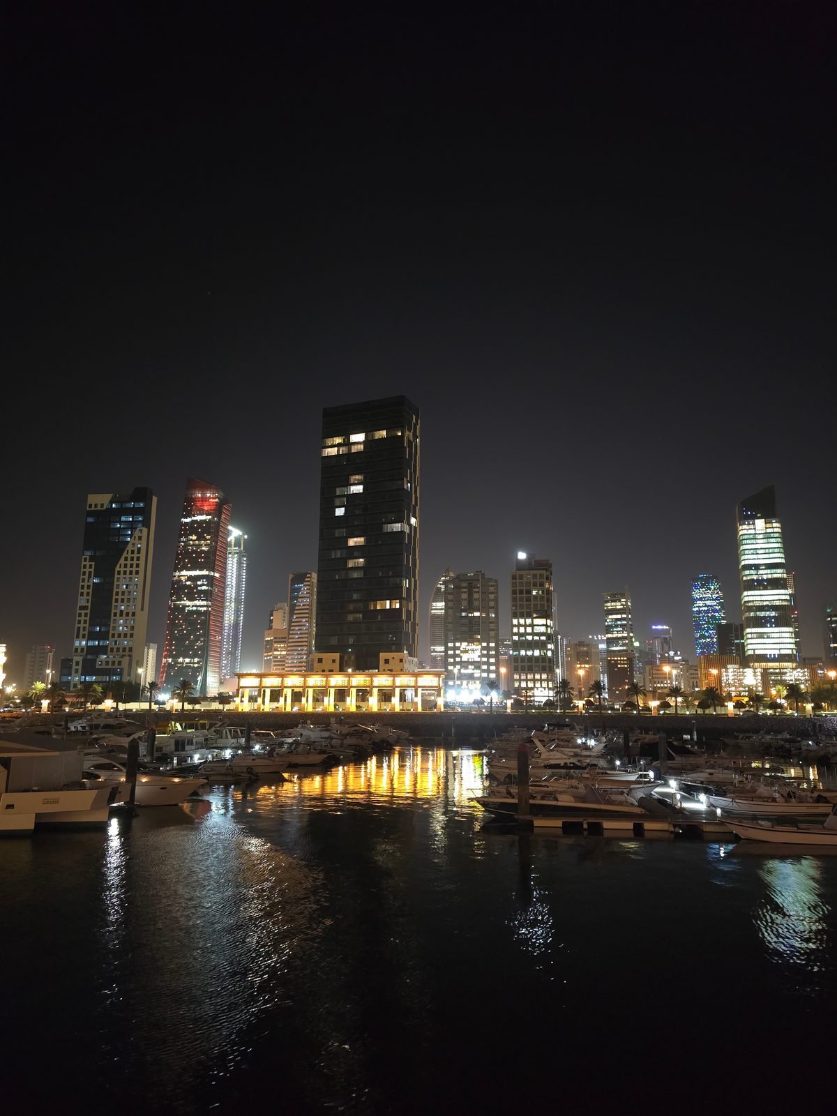 The marina and the lit skyline at night