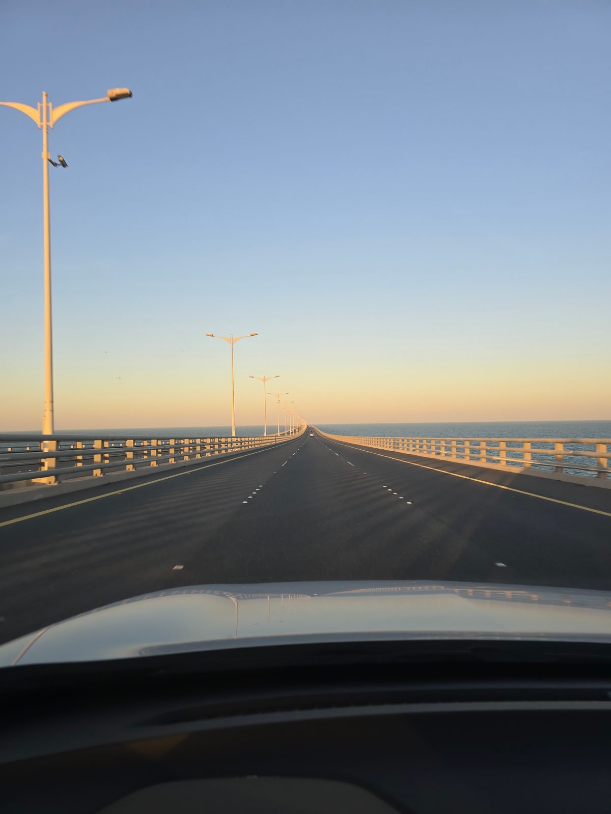 The desert road at dusk from the car