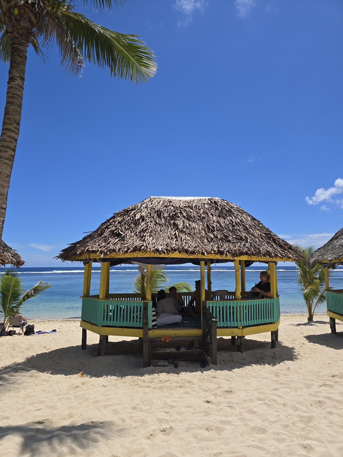 A thatched beach fale on the white sand, palms overhead
