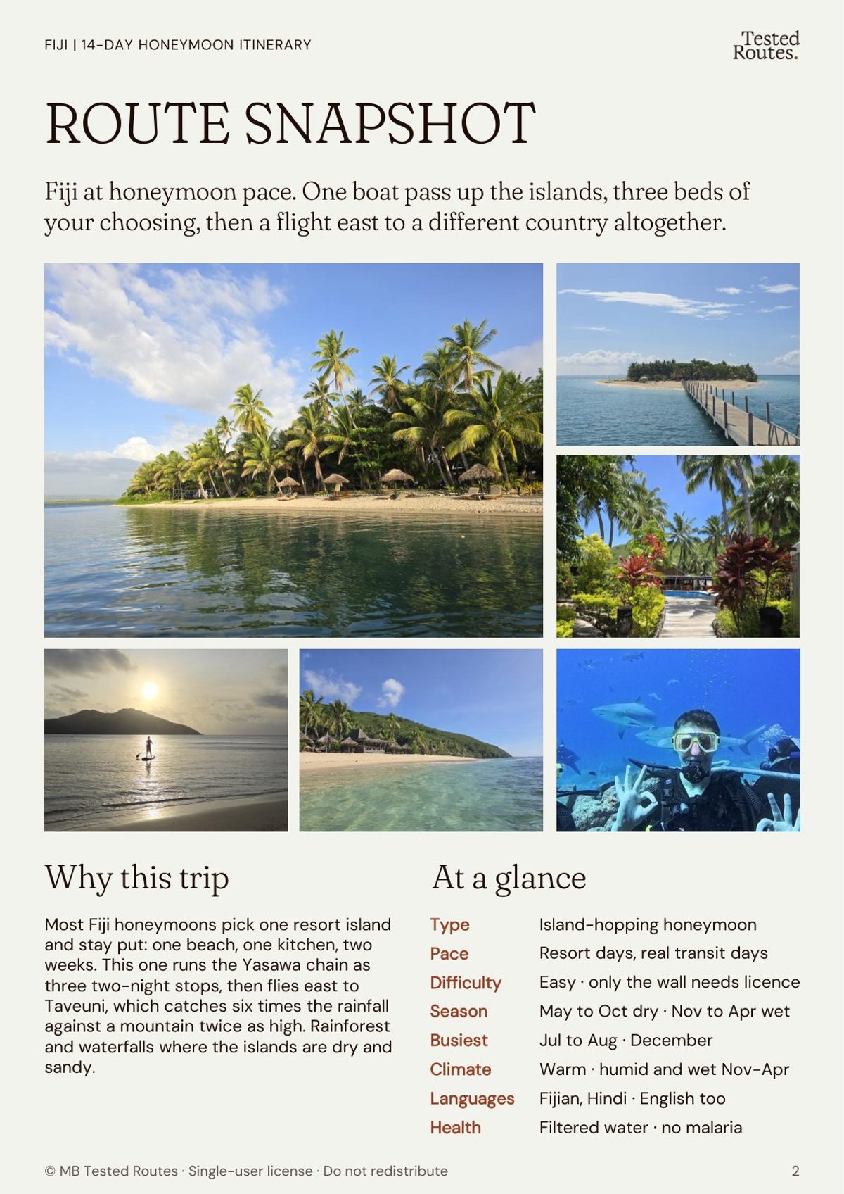 Route snapshot page: why this trip, at a glance, and the route map