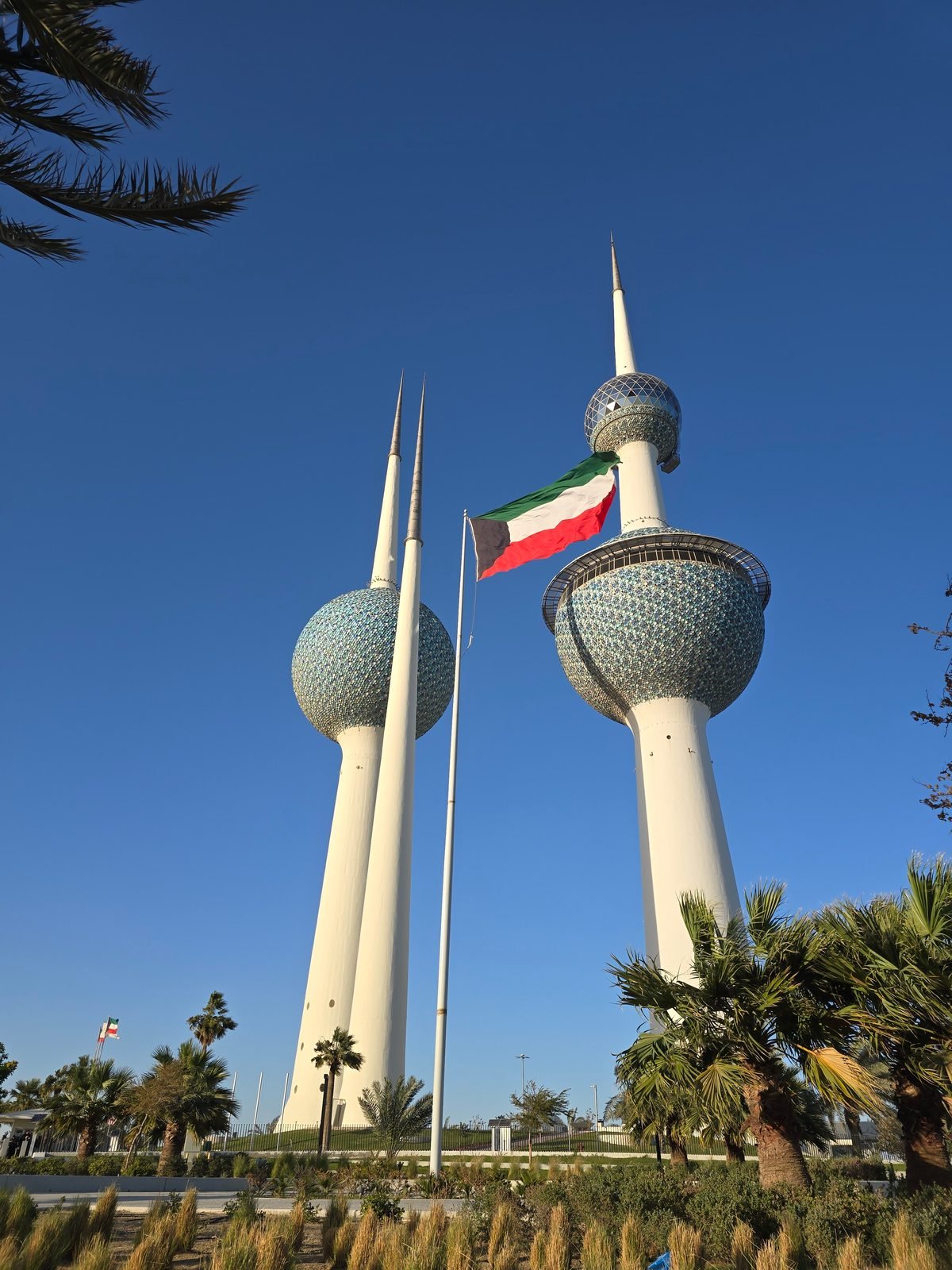 Kuwait Towers and the national flag between palms