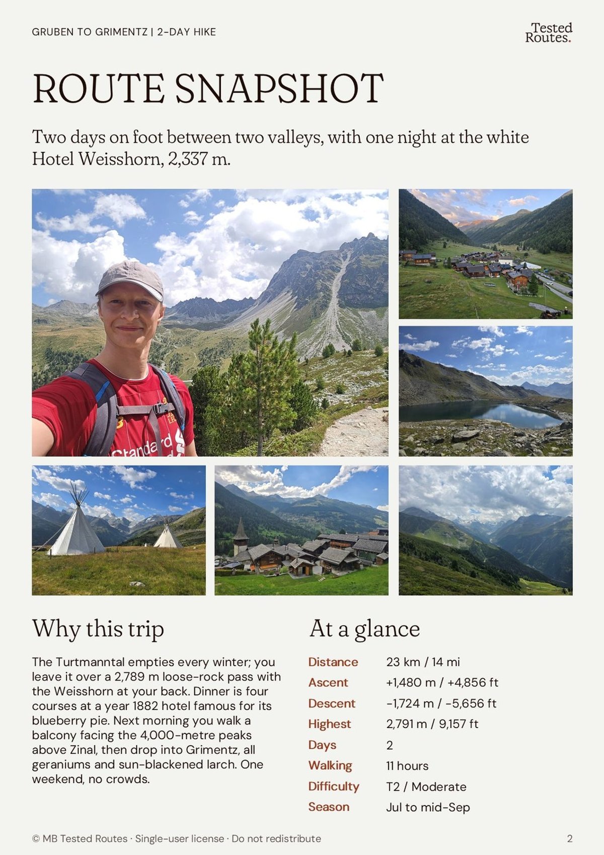 Route snapshot page: distance, ascent, difficulty and season at a glance