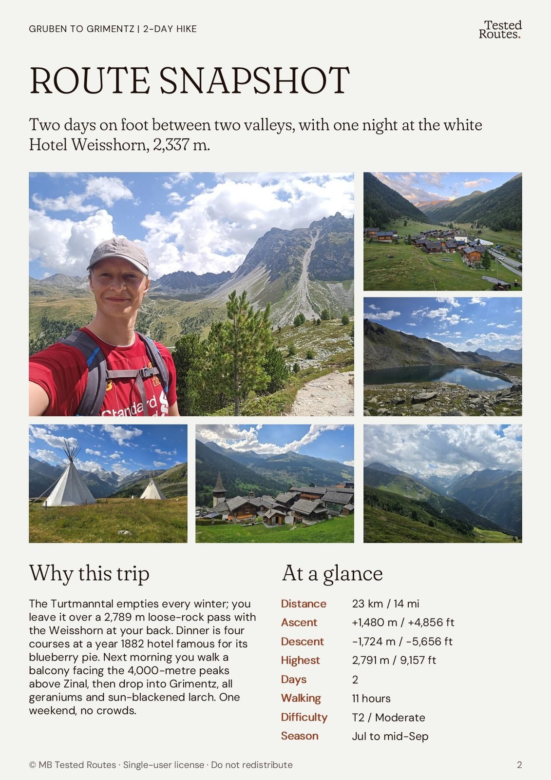 Route snapshot page: distance, ascent, difficulty and season at a glance