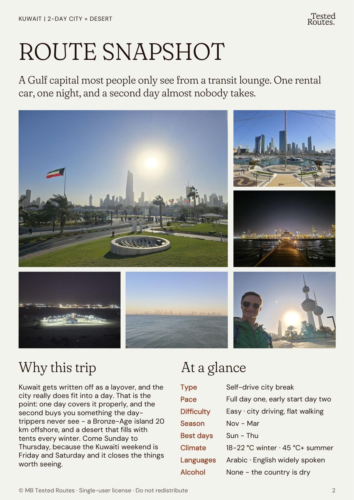 Route snapshot page: why this trip, at a glance, and the photo spread